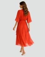 Vestido longo feminino decote V cós amarrado saia fluida