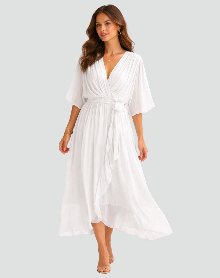 Vestido longo feminino decote V cós amarrado saia fluida