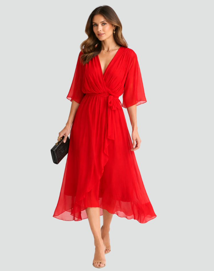 Vestido longo feminino decote V cós amarrado saia fluida