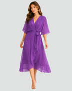 Vestido longo feminino decote V cós amarrado saia fluida