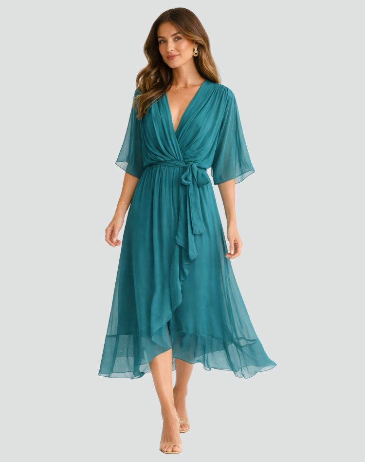 Vestido longo feminino decote V cós amarrado saia fluida