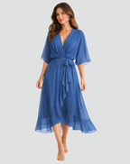 Vestido longo feminino decote V cós amarrado saia fluida