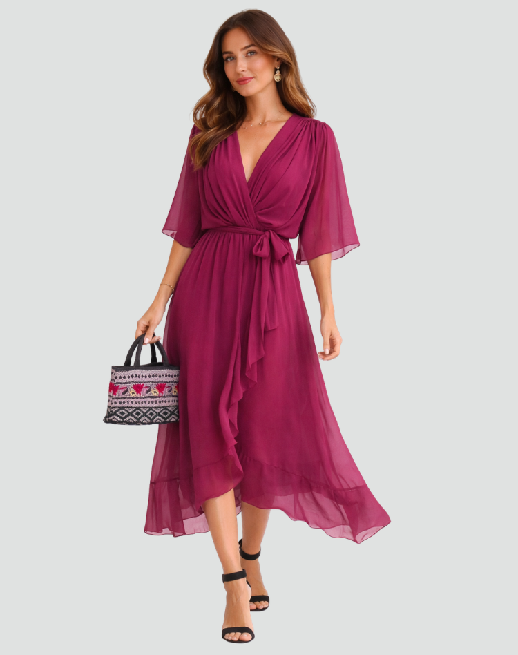 Vestido longo feminino decote V cós amarrado saia fluida