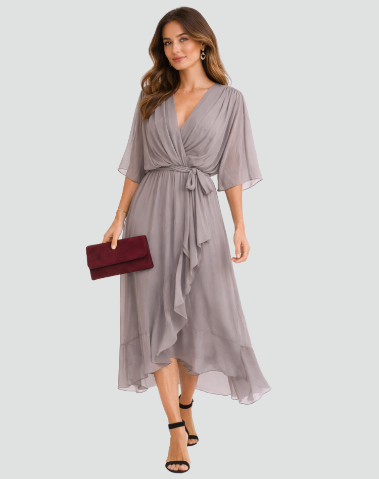 Vestido longo feminino decote V cós amarrado saia fluida