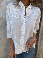 Blusa feminina de renda bordada branca elegante e respirável