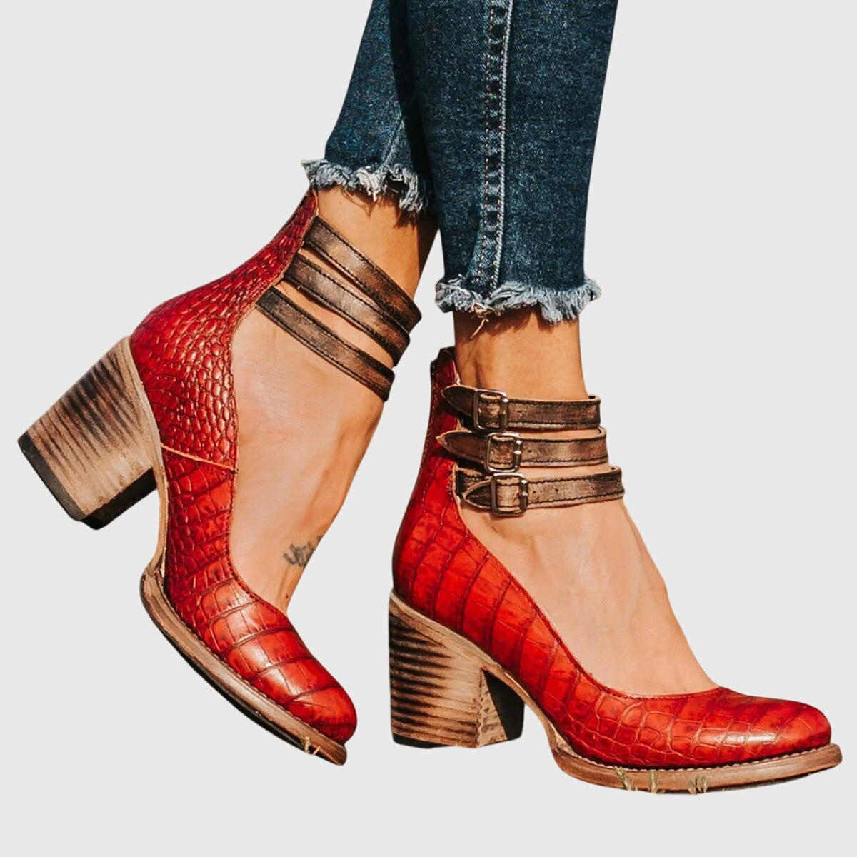 Botas femininas tornozelo salto bloco com fivelas decorativas