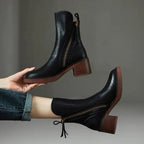 Botas ankle femininas de couro liso com salto bloco e zipper lateral