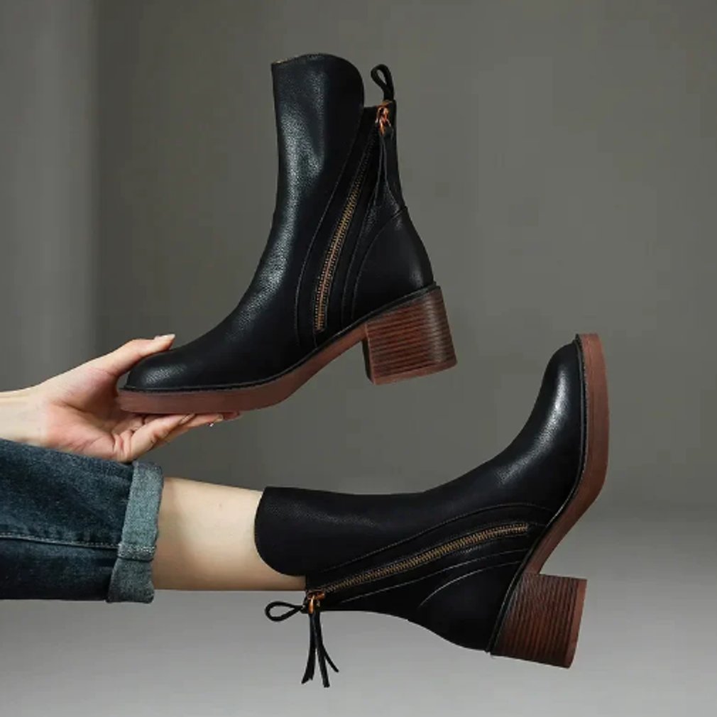 Botas ankle femininas de couro liso com salto bloco e zipper lateral