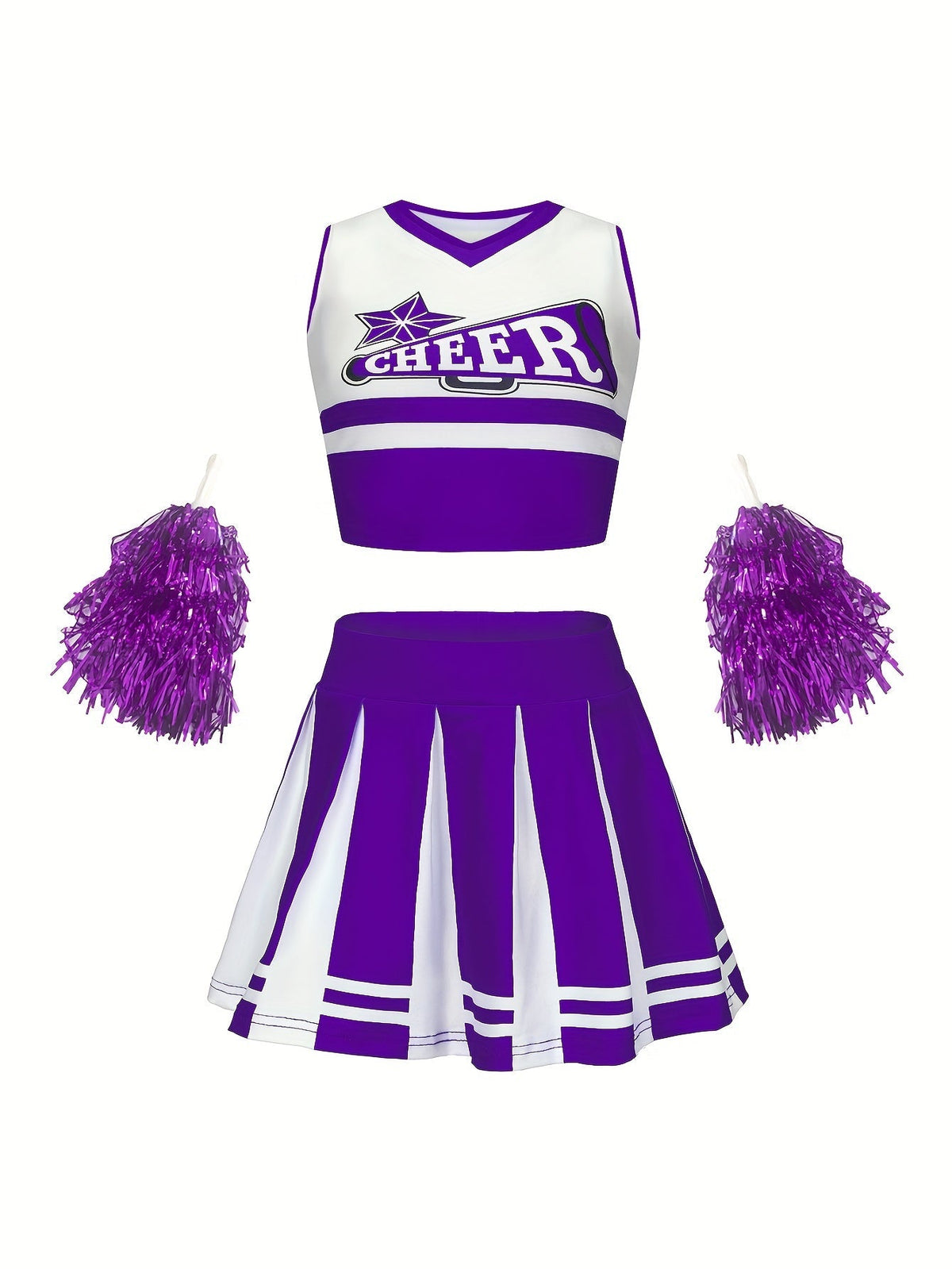 Conjunto de cheerleading infantil com saia, top sem mangas e pompons coloridos