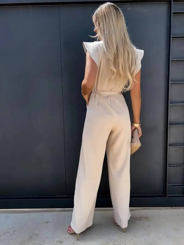 Jumpsuit mulher perna larga mangas borboleta com cinto incluído