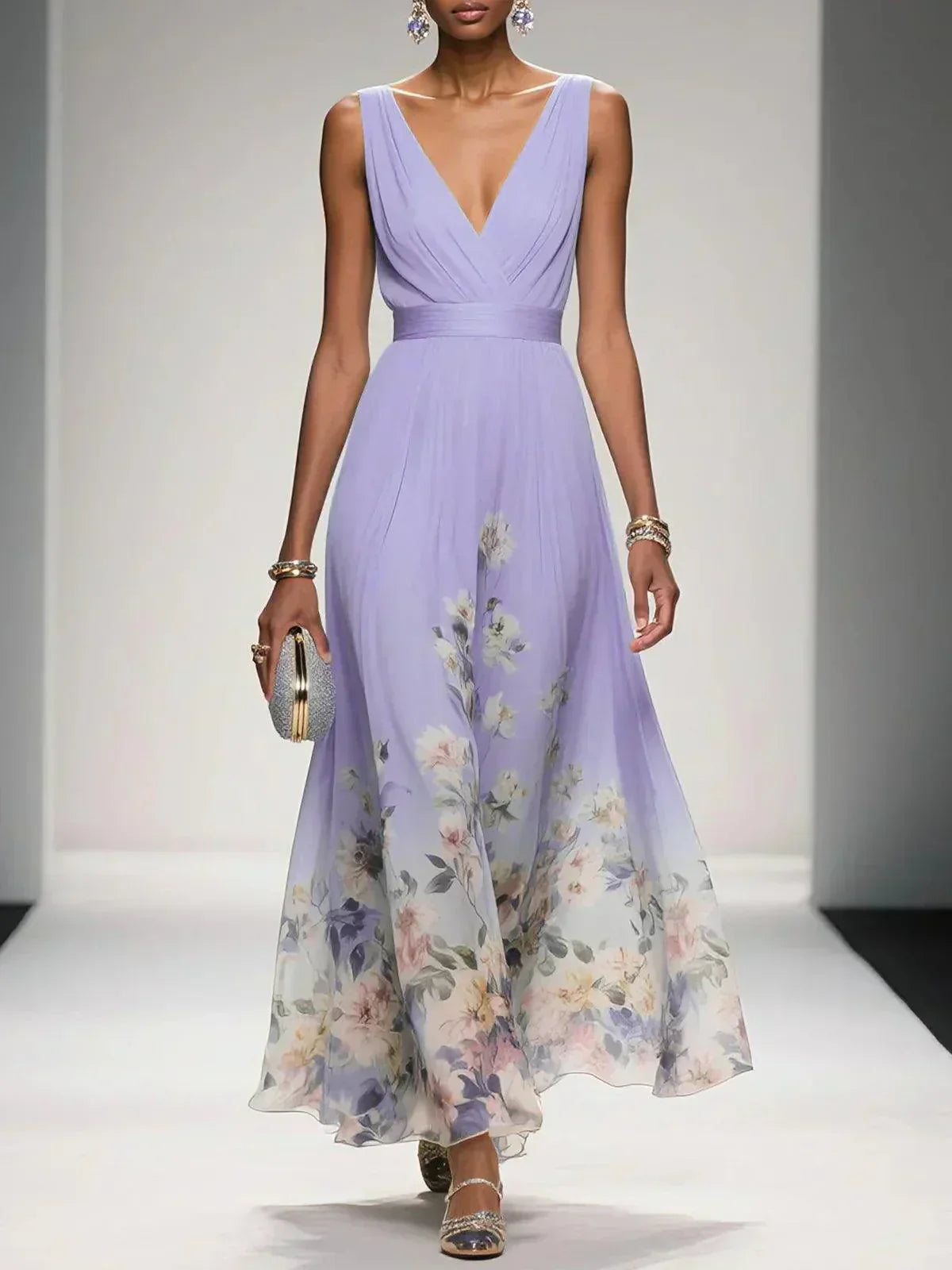 Vestido floral convidada de casamento com decote V e silhueta evasê fluida