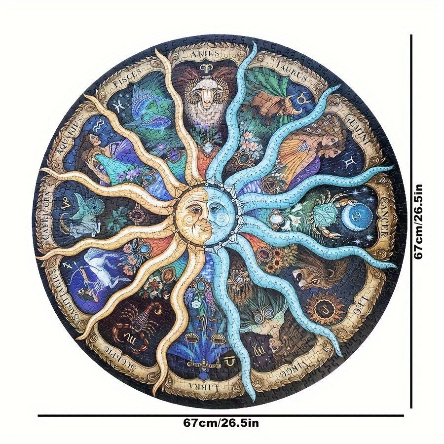 Puzzle redondo 1000 peças signos do zodíaco, design detalhado mate 67 cm