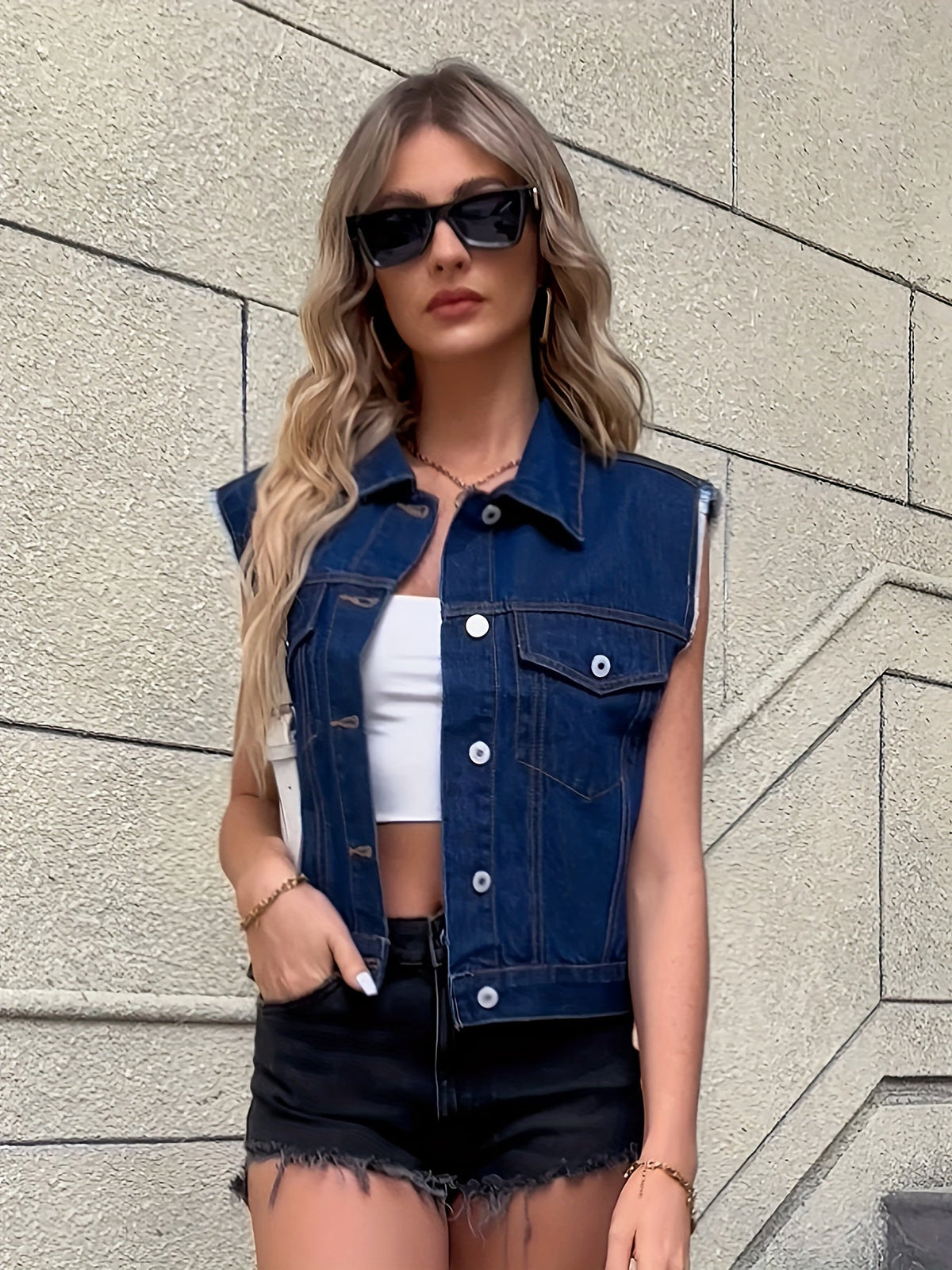 Colete jeans feminino sem mangas com bolsos de aba e fecho de botões