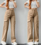 Calças cargo jeans femininas com multibolsos corte casual