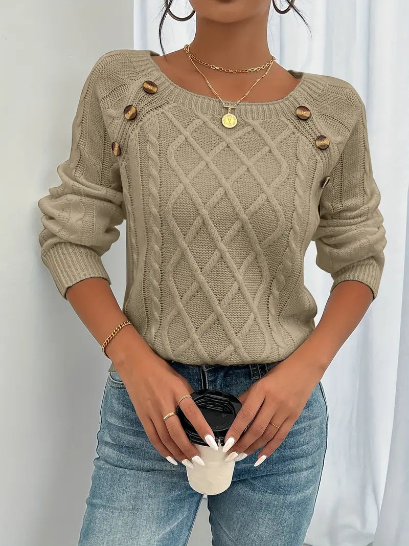 Camisola feminina algodão padrão torcido com botões decorativos manga comprida