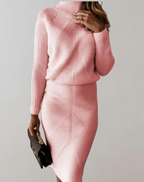 Conjunto feminino tricot gola alta com saia slim, malha premium outono inverno