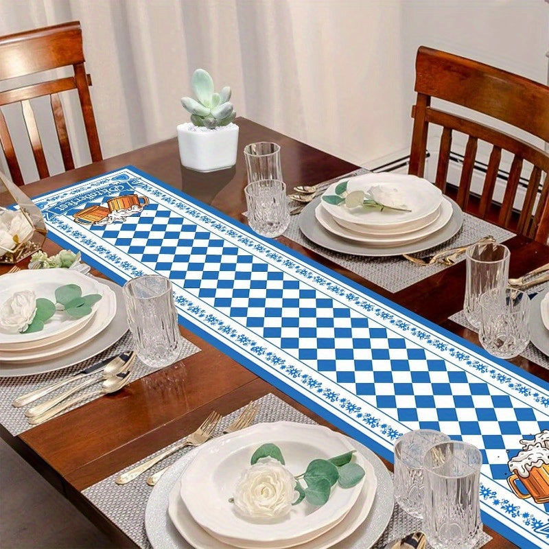 Caminho de mesa Oktoberfest padrão losango azul e branco com motivos bávaros 33×183 cm
