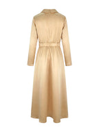 Vestido maxi feminino linha A decote V plissado cintura alta manga longa