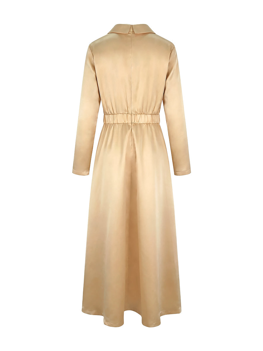 Vestido maxi feminino linha A decote V plissado cintura alta manga longa