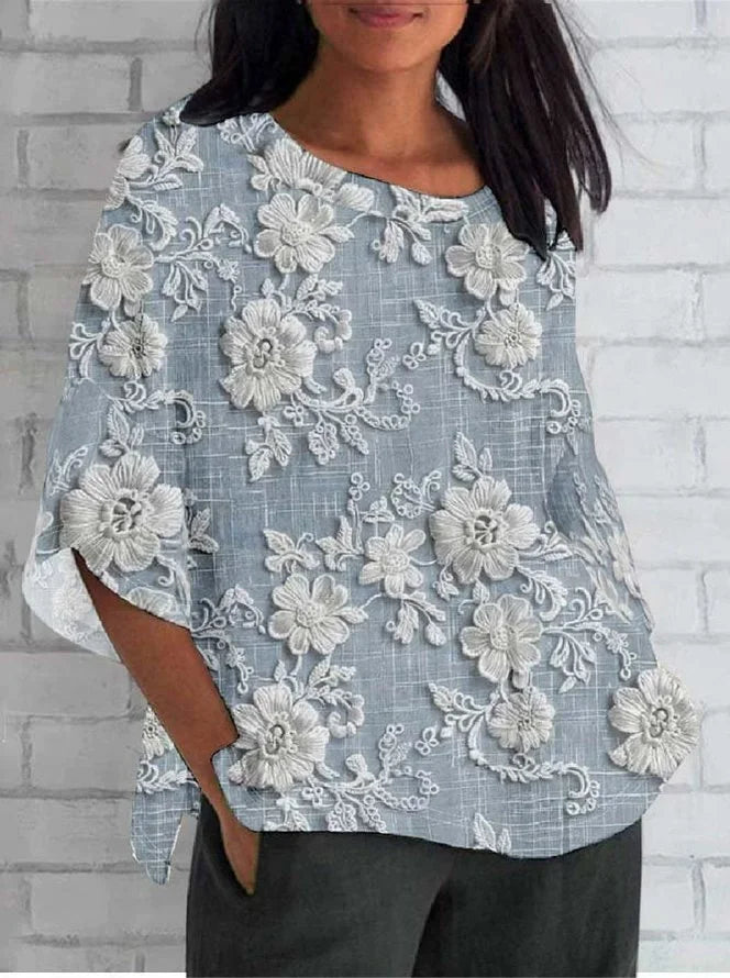 Blusa feminina floral bordado vintage caimento solto e fluido