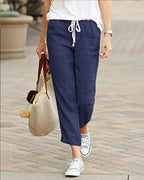 Calças femininas casual perna inteira corte relaxed fit com cordão na cintura