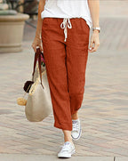 Calças femininas casual perna inteira corte relaxed fit com cordão na cintura