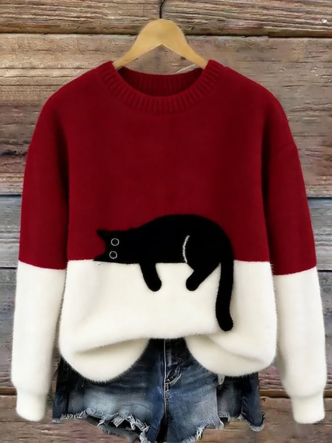 Camisola de malha color block com motivo de gato, corte relaxado verde e branco