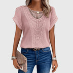 Blusa feminina malha rendada decote redondo mangas curtas