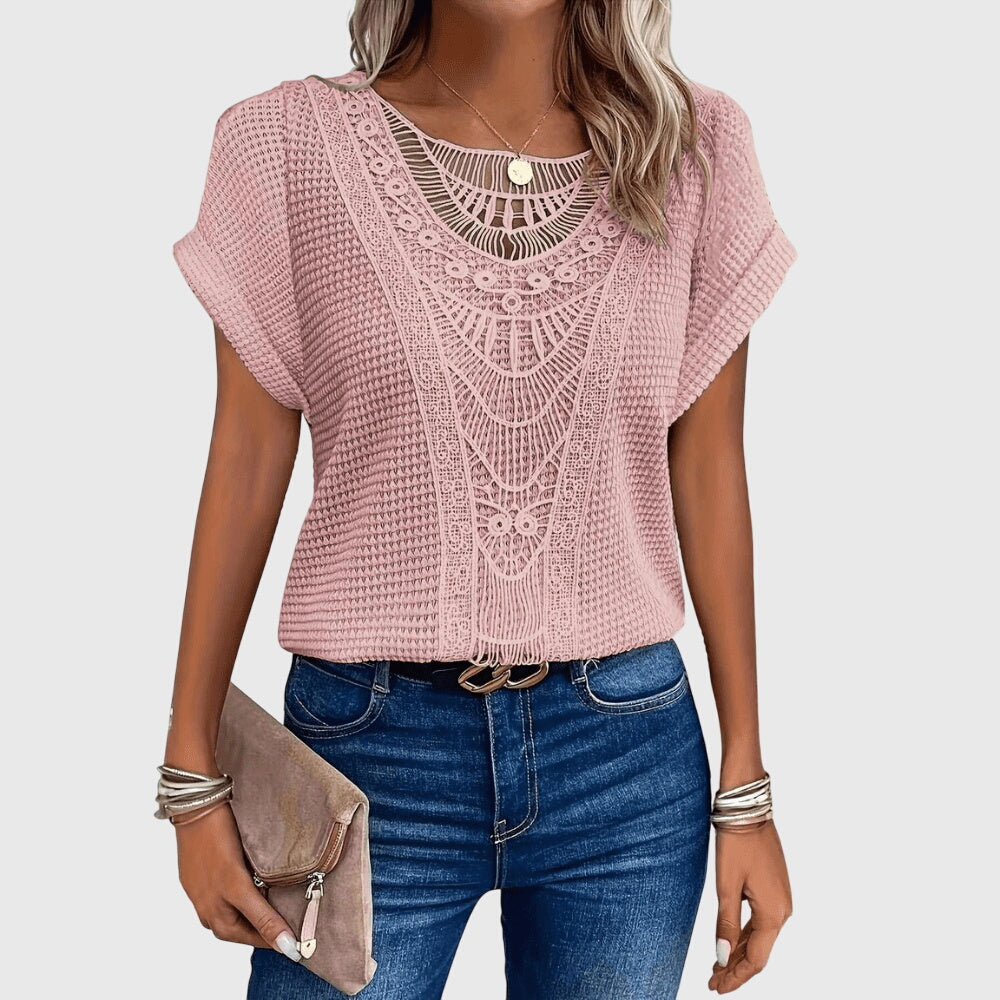 Blusa feminina malha rendada decote redondo mangas curtas