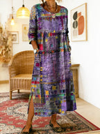 Vestido jeans feminino com patchwork étnico corte solto