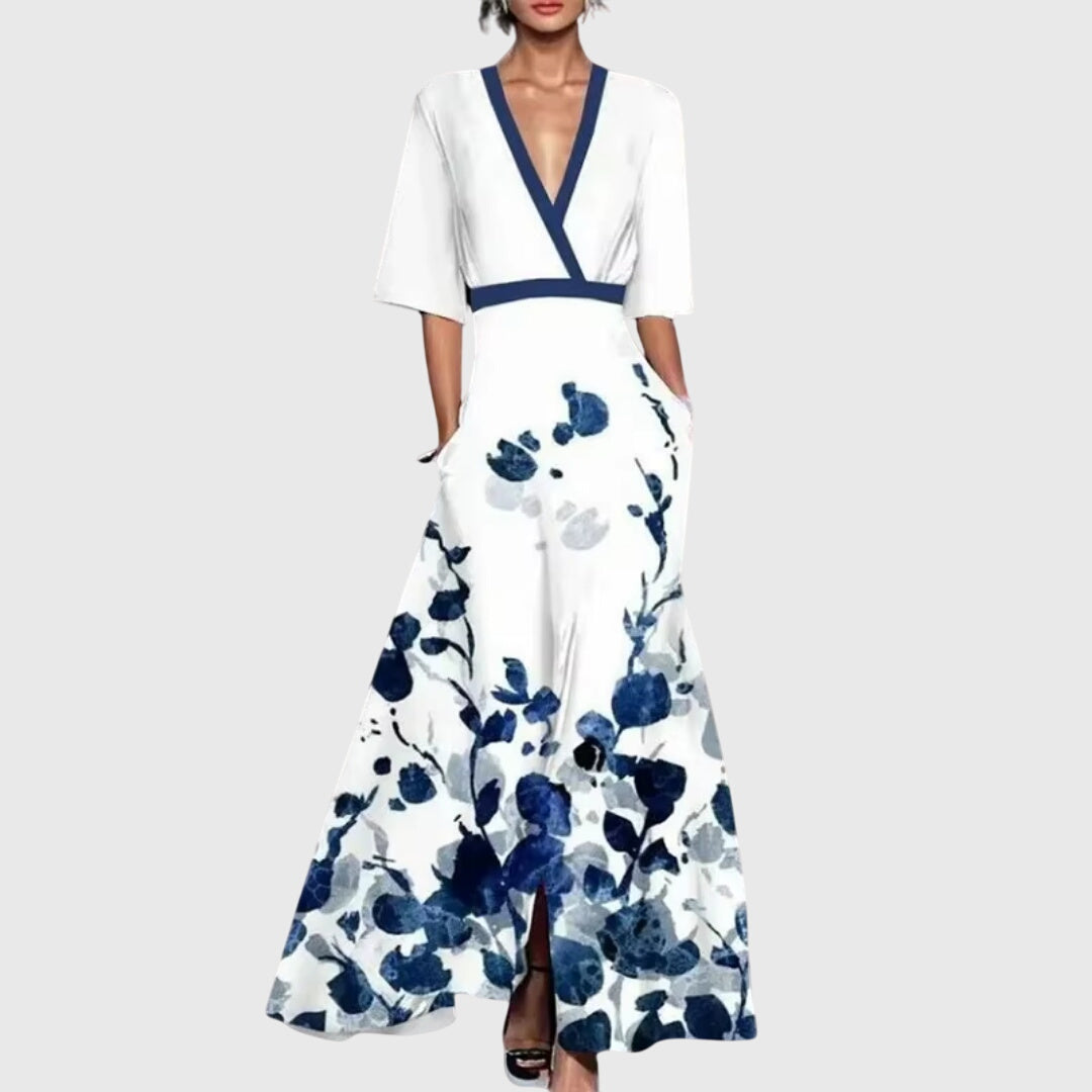 Vestido feminino floral com cinto de cintura e saia evasê