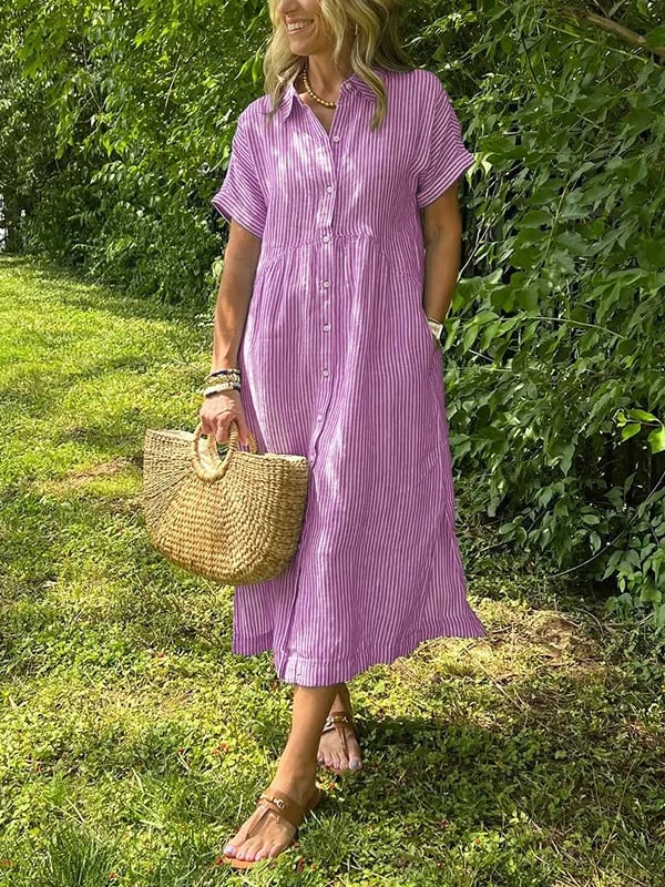 Vestido longo feminino maxi com botões frontais e mangas curtas