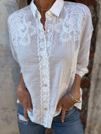 Blusa feminina de renda bordada branca elegante e respirável