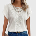 Blusa feminina malha rendada decote redondo mangas curtas