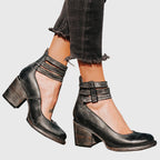 Botas femininas tornozelo salto bloco com fivelas decorativas