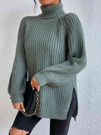 Camisola feminina gola alta canelada com fenda lateral outono inverno