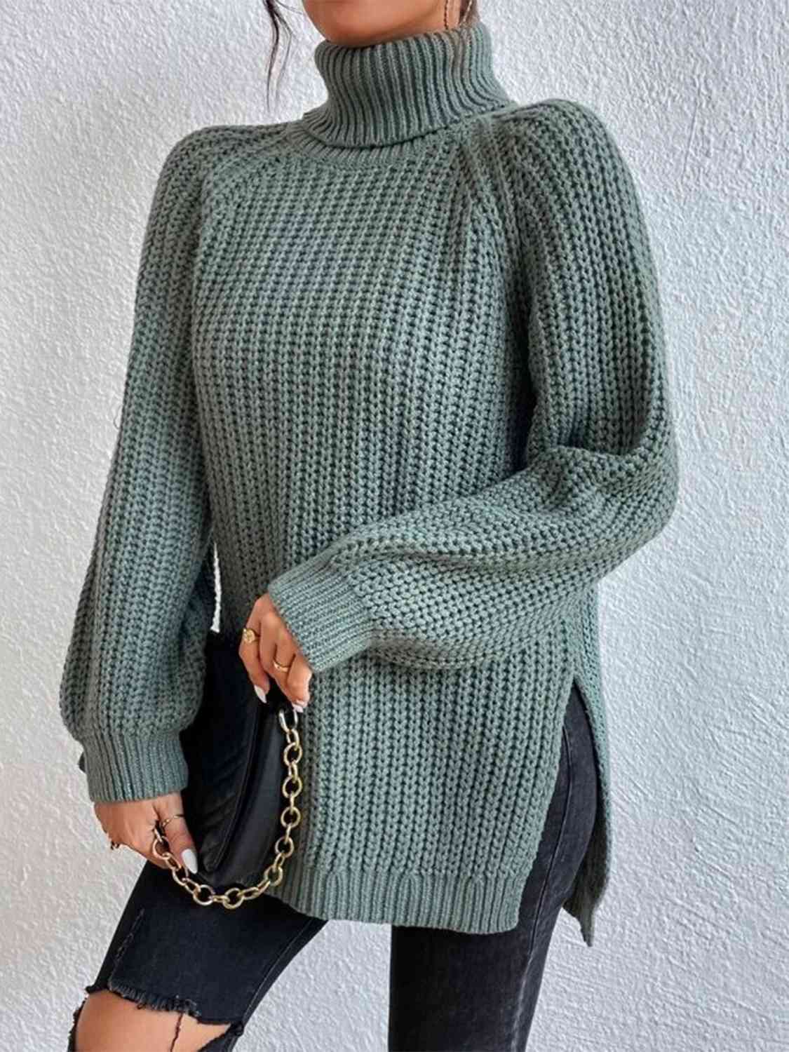 Camisola feminina gola alta canelada com fenda lateral outono inverno
