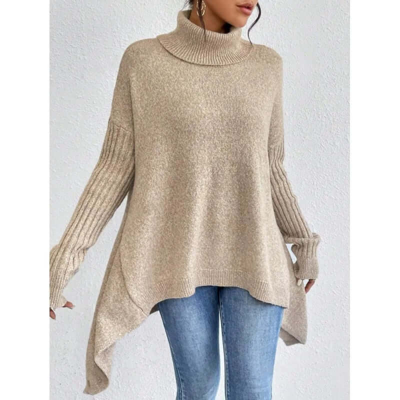 Camisola feminina gola alta bainha assimétrica outono