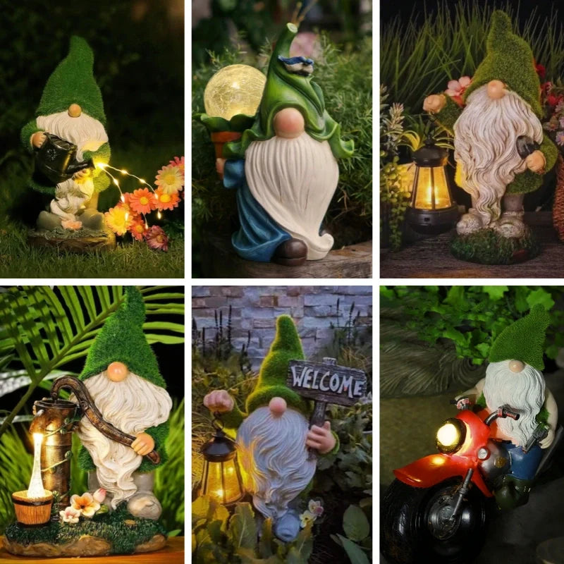 Gnomos Solares de Jardim em resina impermeável com luz LED branco quente e sensor de crepúsculo