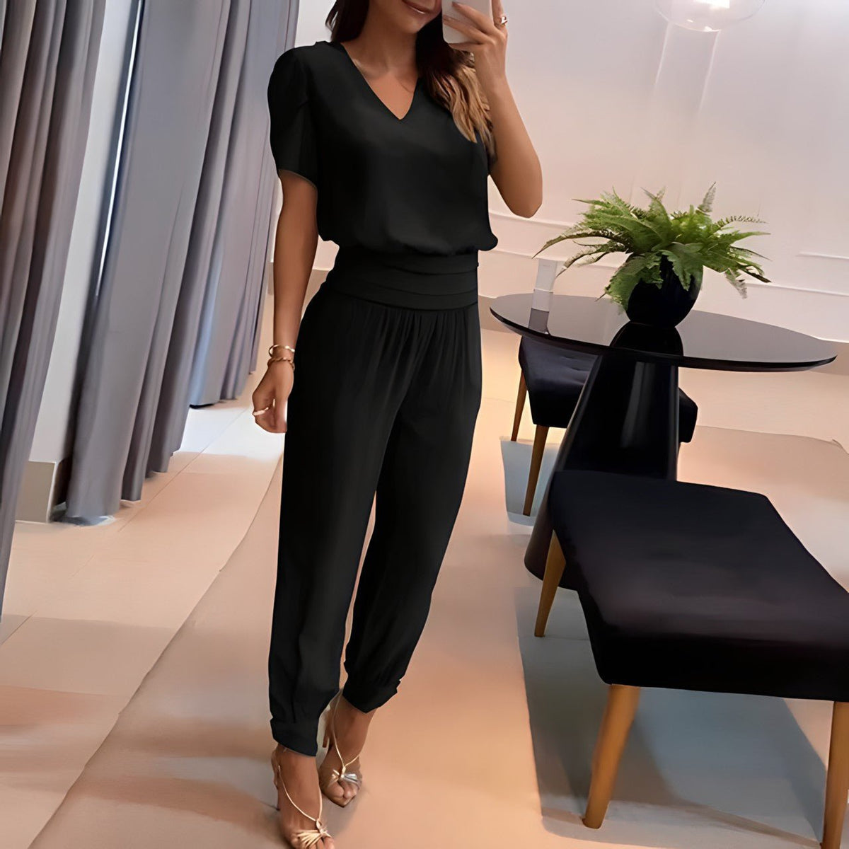 Conjunto feminino blusa manga bufante e calça com cós elástico