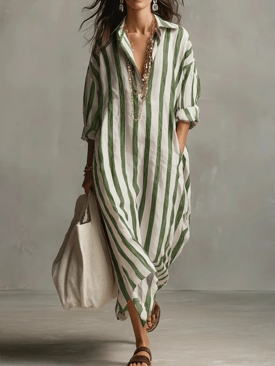 Vestido camiseiro longo feminino listrado decote V manga três quartos