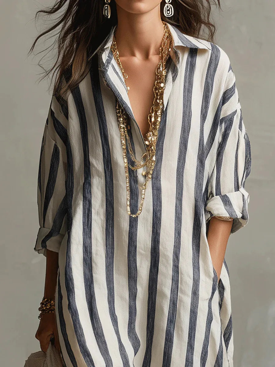Vestido camiseiro longo feminino listrado decote V manga três quartos