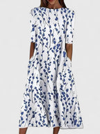 Vestido midi floral gola redonda manga curta feminino