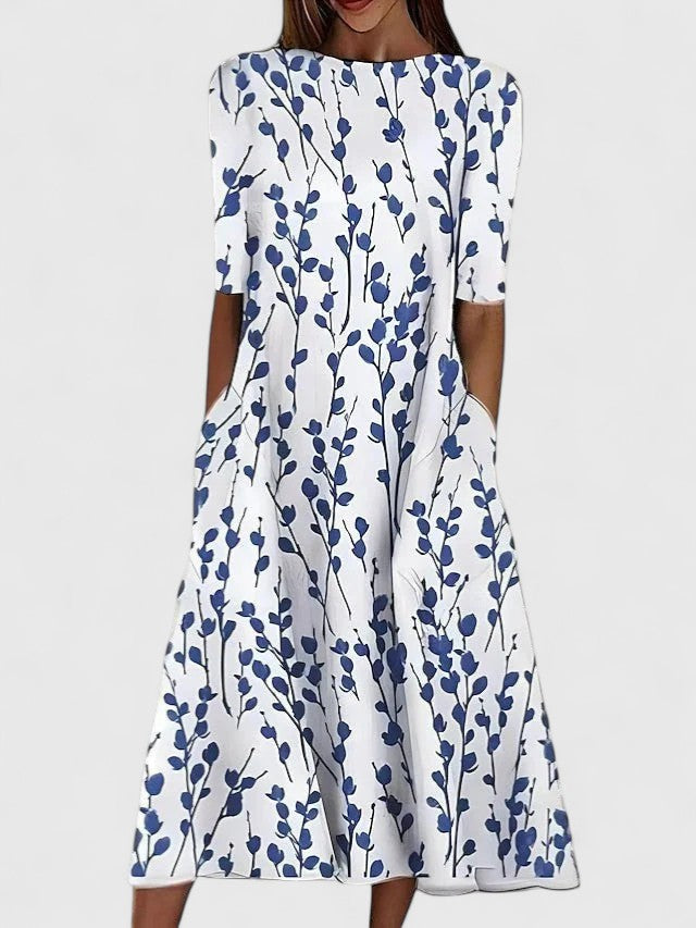 Vestido midi floral gola redonda manga curta feminino