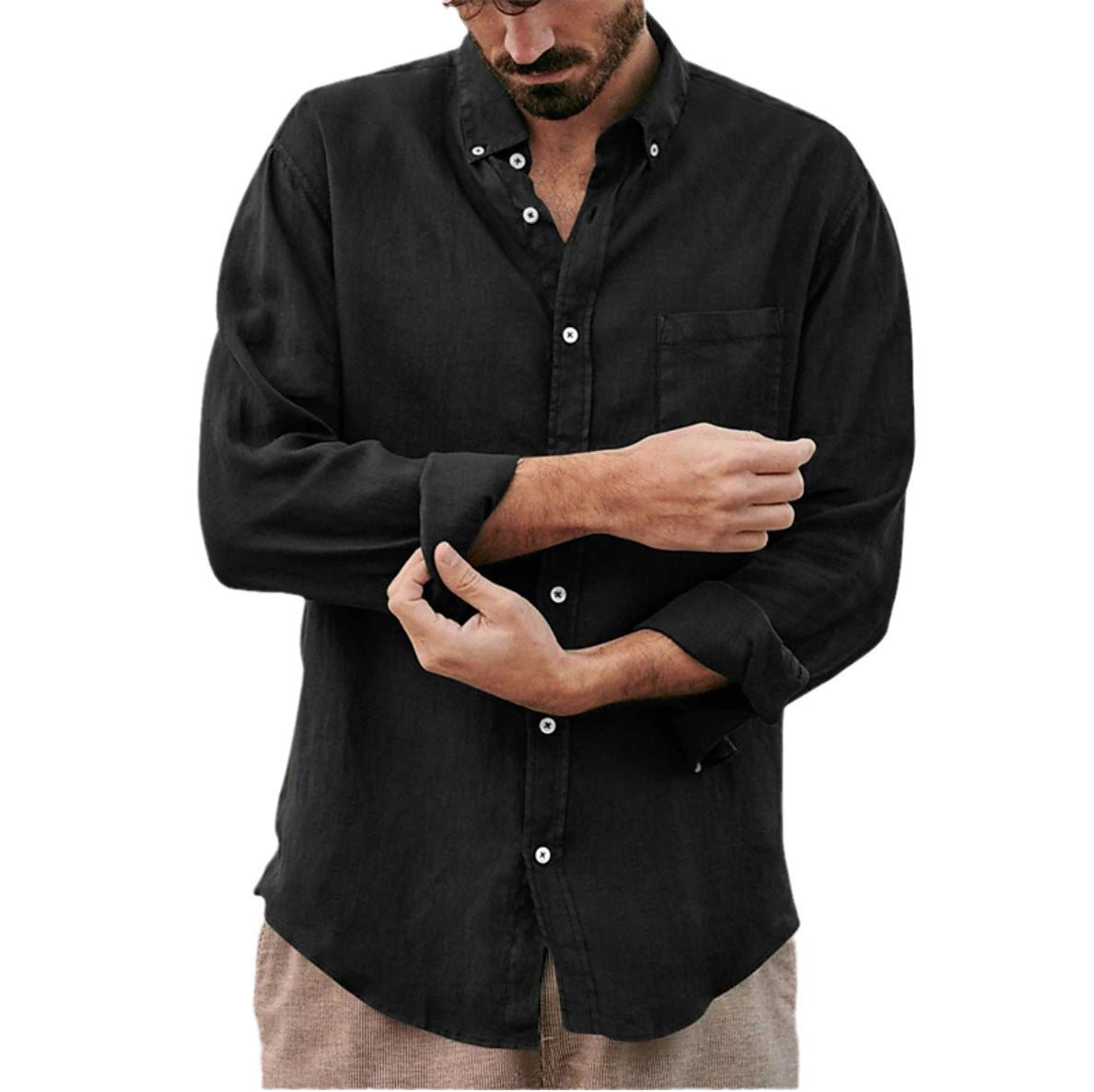 Camisa masculina casual respirável disponível em caqui, verde escuro, cinza e preto