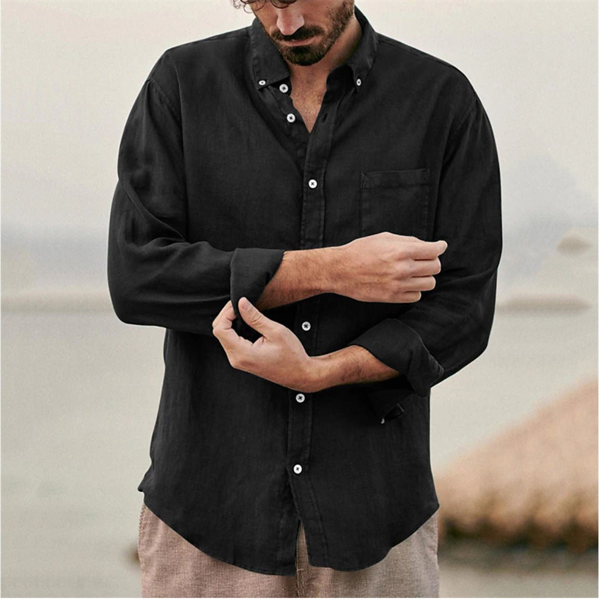 Camisa masculina casual respirável disponível em caqui, verde escuro, cinza e preto