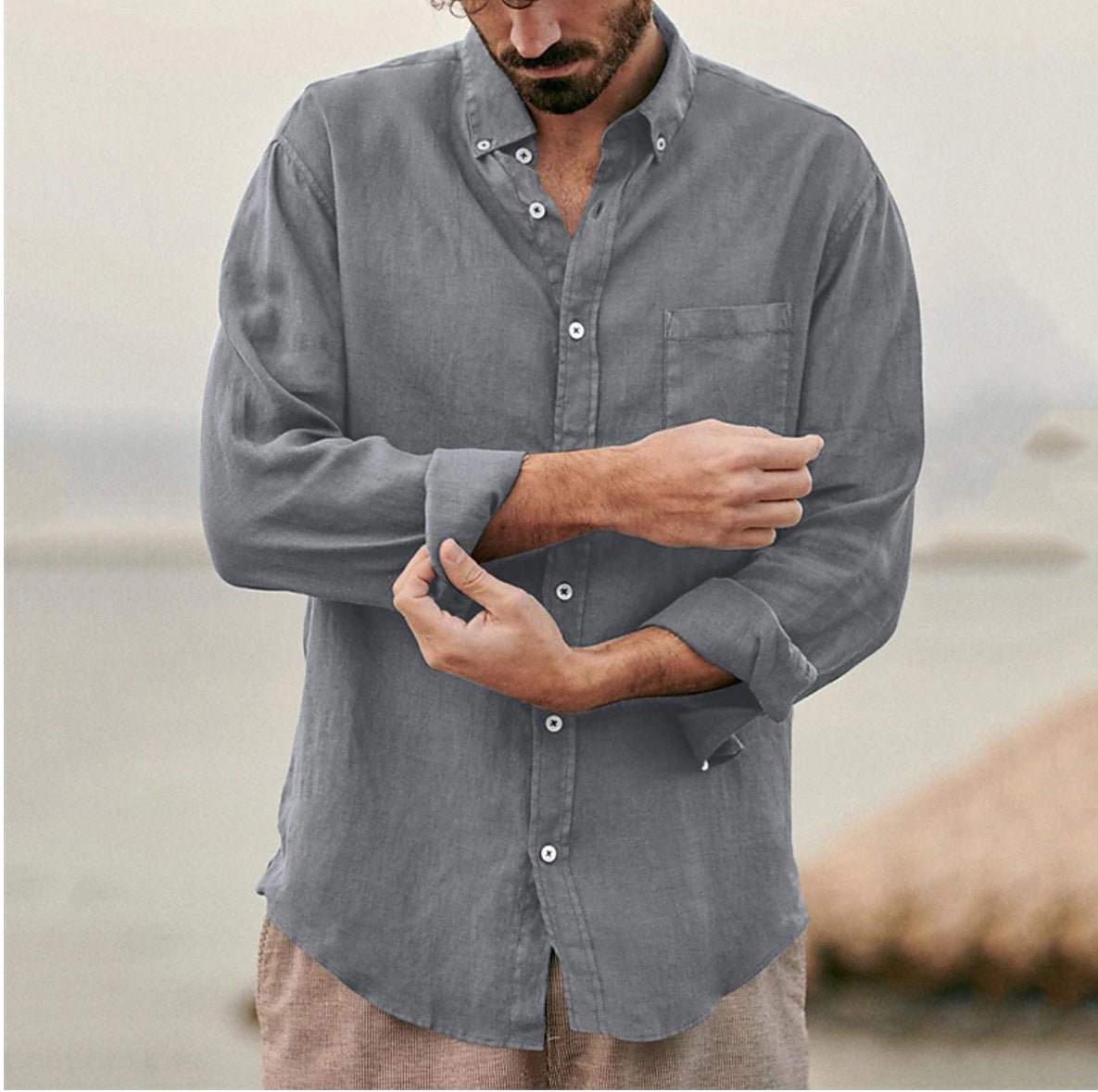Camisa masculina casual respirável disponível em caqui, verde escuro, cinza e preto