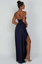 Vestido de cetim noite assimétrico ombro único com fenda lateral