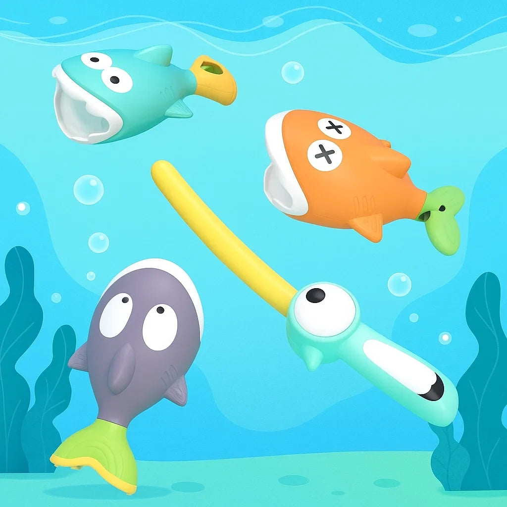 Jogo de pesca no banho magnético com peixinhos coloridos flutuantes e cana, educativo para crianças