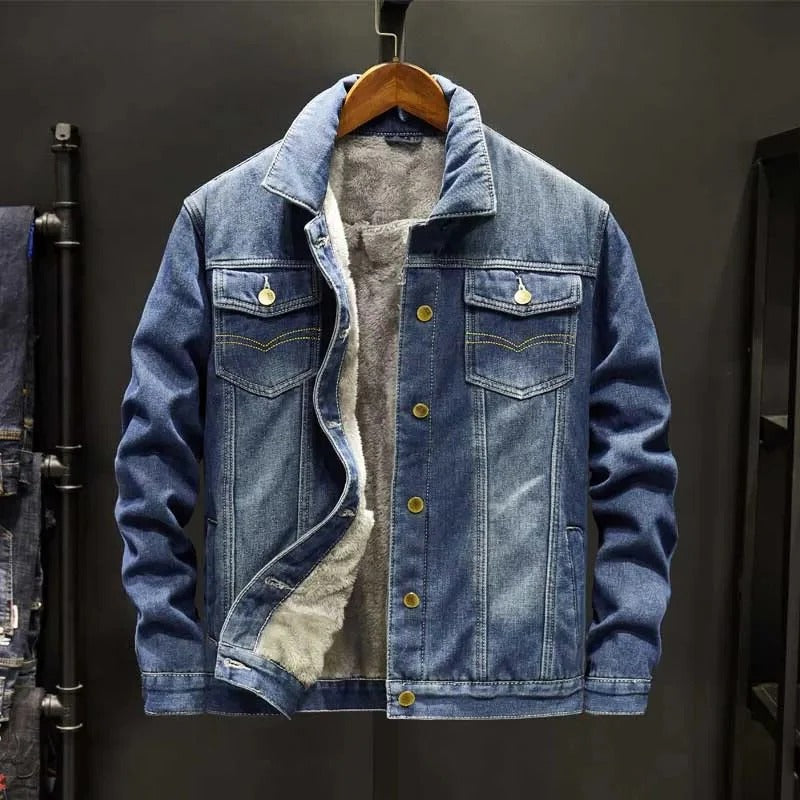 Jaqueta jeans com forro interior macio e tecido resistente ao vento
